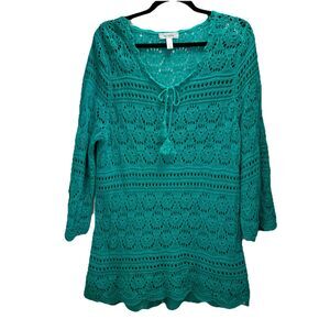 Dressbarn 1X Crochet‎ Knit Teal Top 100% Cotton 3/4 Sleeve Pullover Lightweight